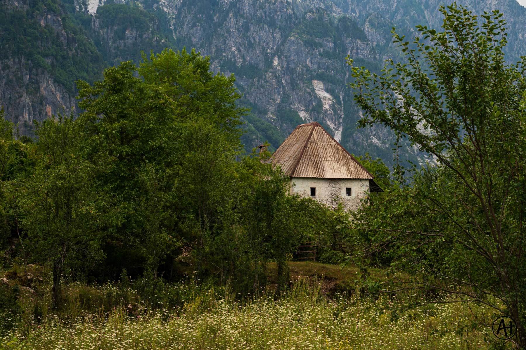 A stone building framed by mountain trees