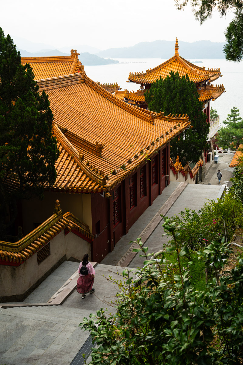 Golden tiled temple roofs overlooking Sun Moon Lake