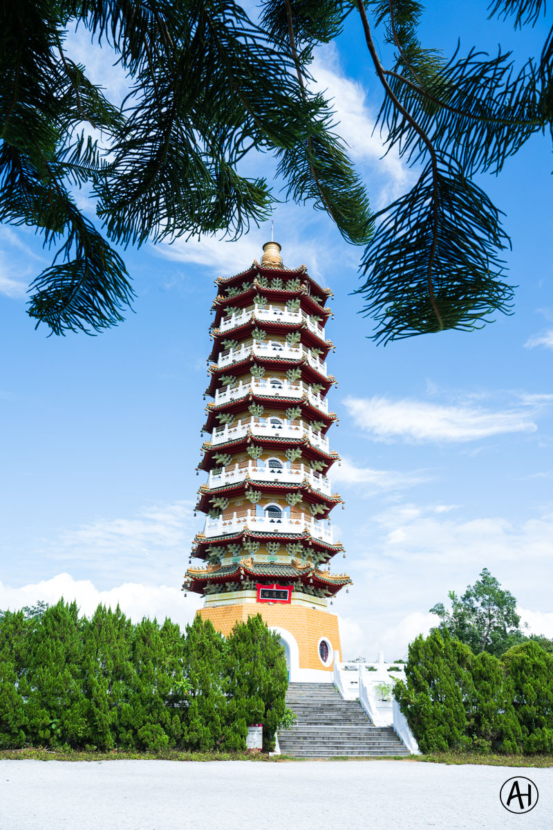 A pagoda framed by tree branches against a blue sky